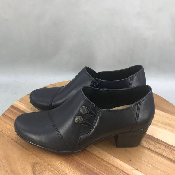 Clarks Emslie Warren Booties Womens 7.5 D Black Leather Side Zip Block Heel - Picture 3 of 8